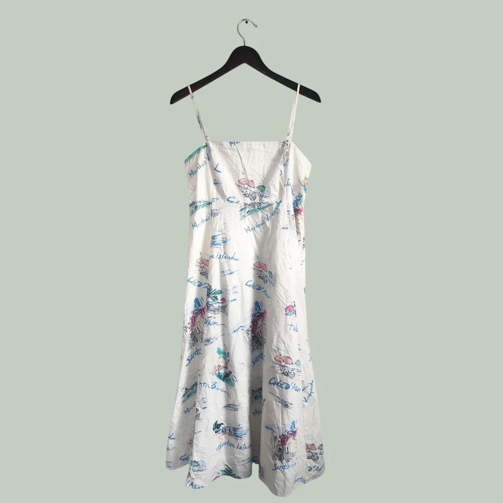 New Gap Dress Medium Fit & Flare Midi Vacationland White Spaghetti Strap Cotton